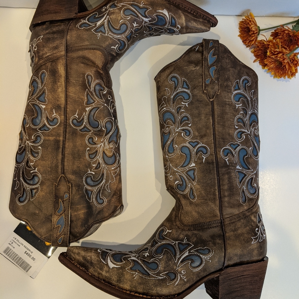 J.B. Dillon Brown Leather Boots with Blue …